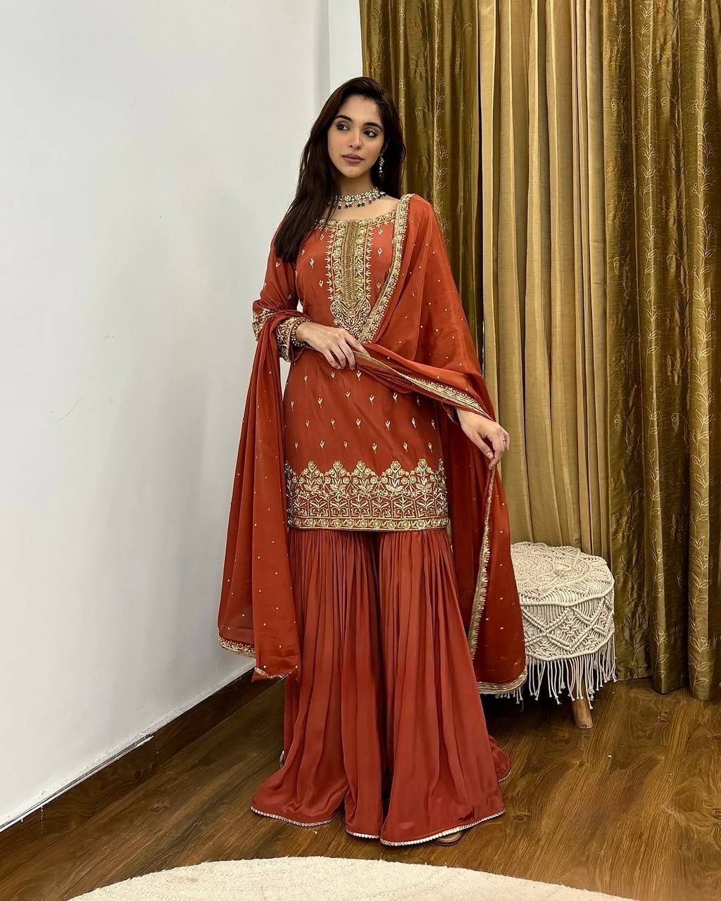 Exclusive Red Color Pure Heavy Simmer Silk With Embroidery Sequence Work Palazzo Suit