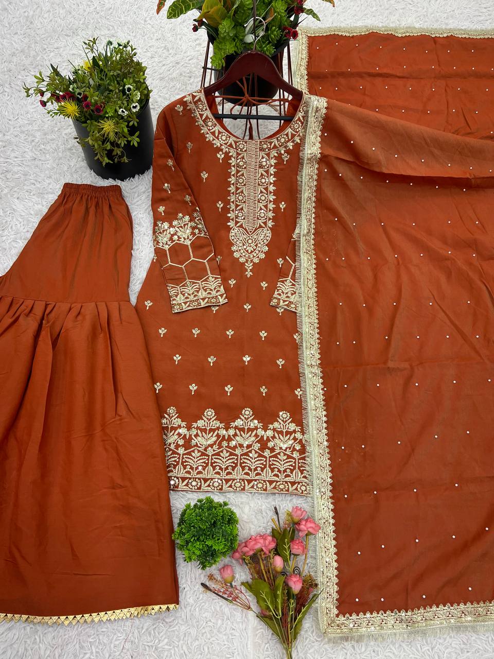 Exclusive Red Color Pure Heavy Simmer Silk With Embroidery Sequence Work Palazzo Suit