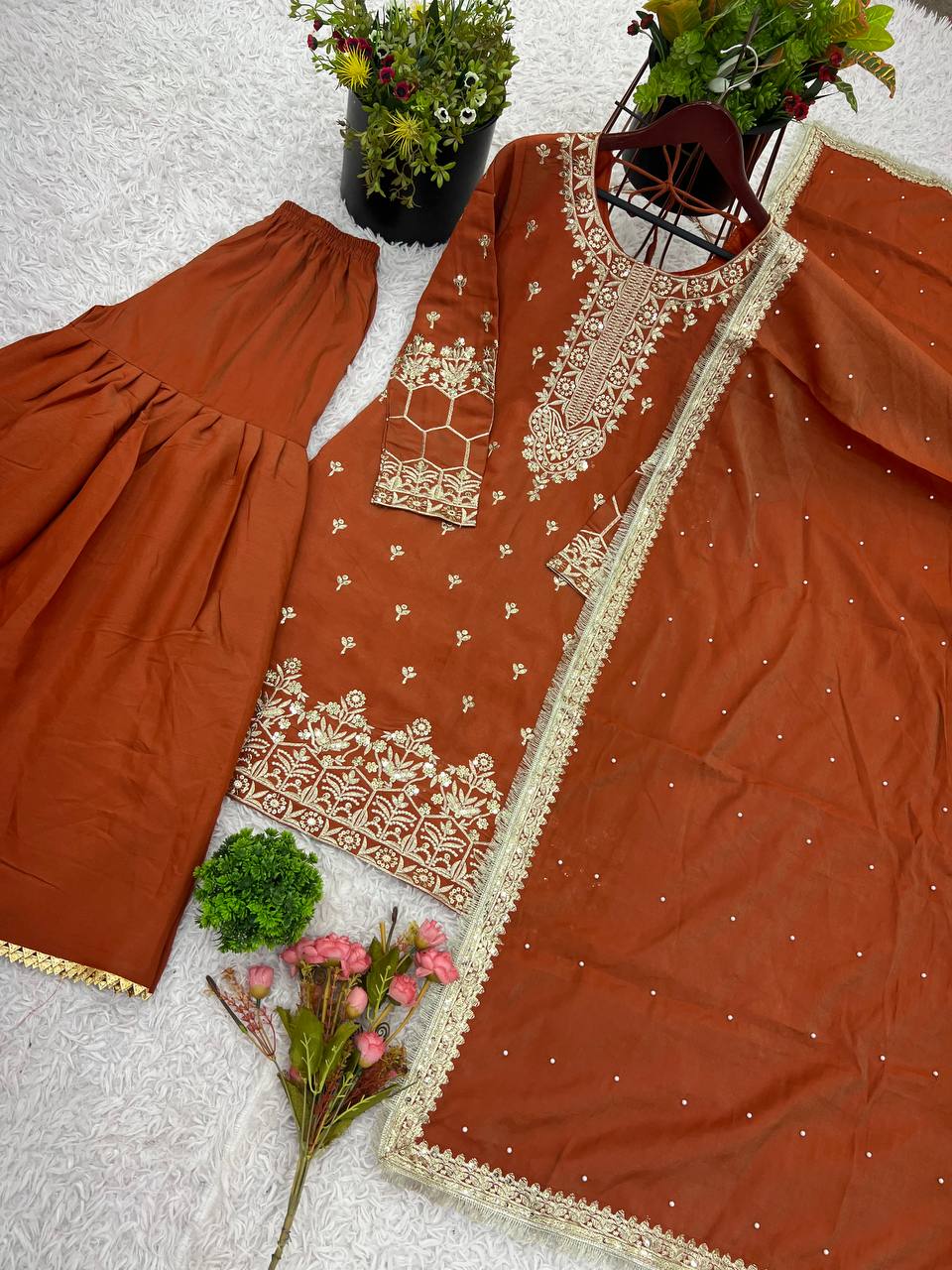 Exclusive Red Color Pure Heavy Simmer Silk With Embroidery Sequence Work Palazzo Suit