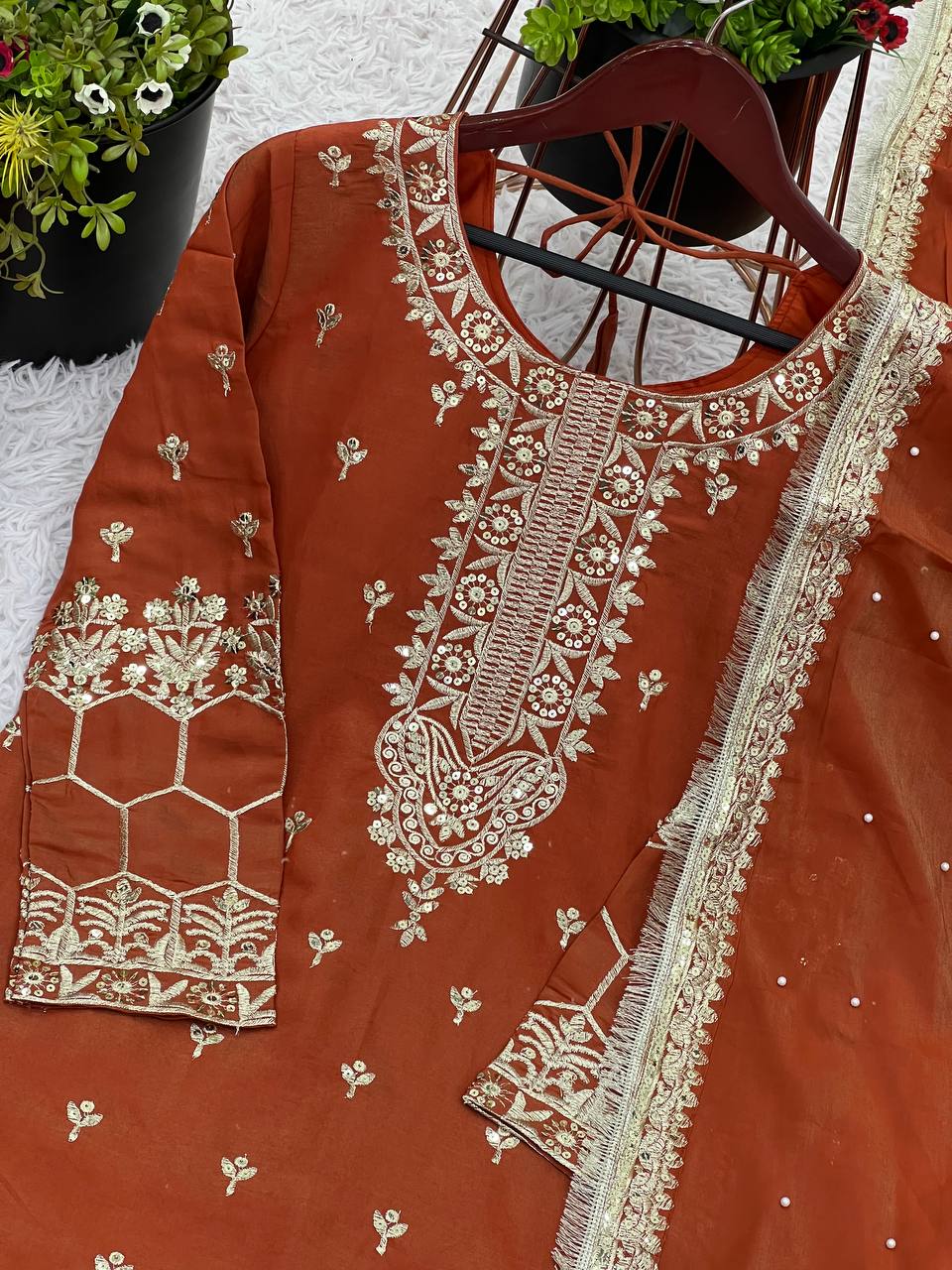 Exclusive Red Color Pure Heavy Simmer Silk With Embroidery Sequence Work Palazzo Suit