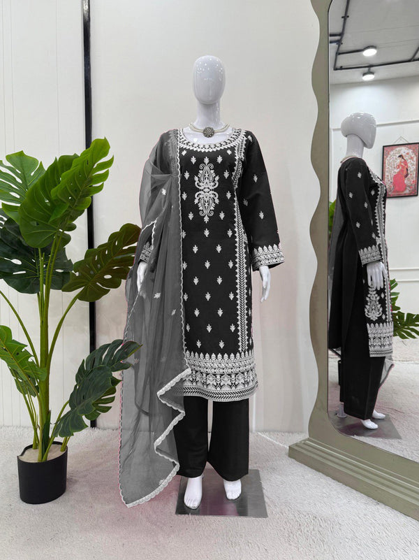 Ceremony Wear Black Color Roman Silk Chine Stitch Silk Beautiful Salwar Suit