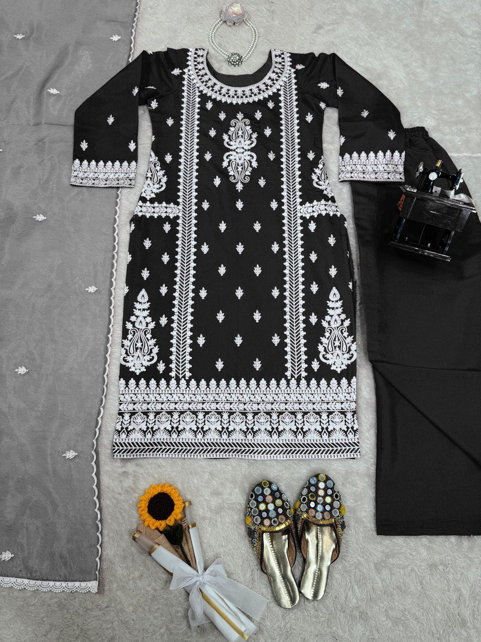 Ceremony Wear Black Color Roman Silk Chine Stitch Silk Beautiful Salwar Suit