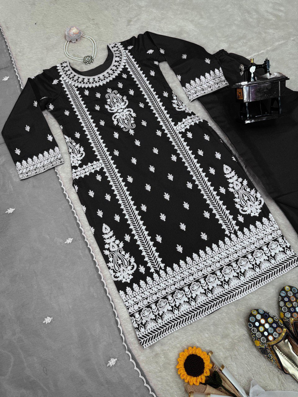 Ceremony Wear Black Color Roman Silk Chine Stitch Silk Beautiful Salwar Suit