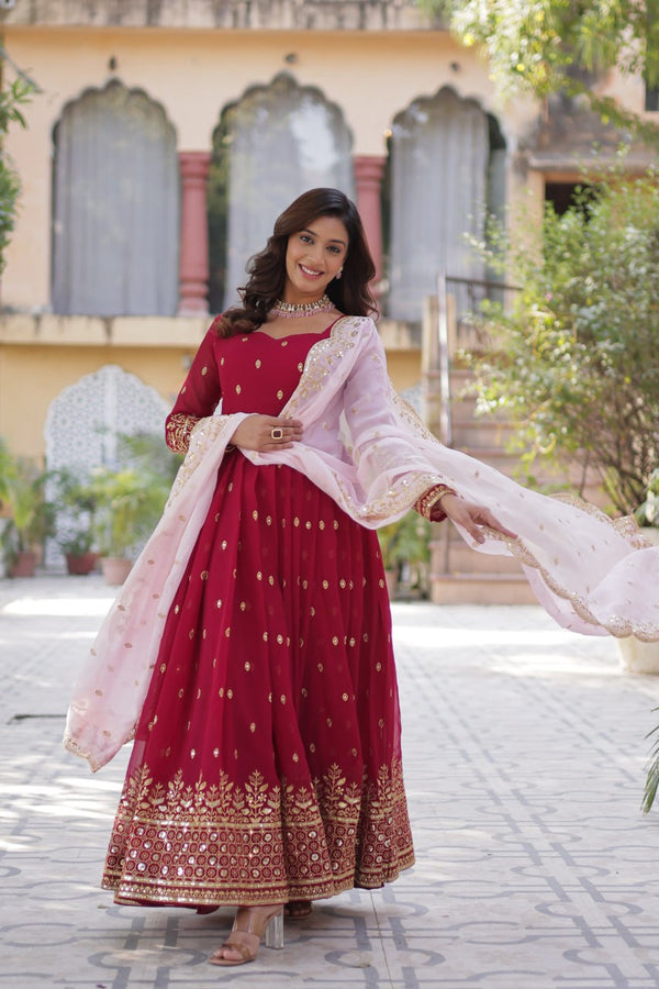 Party Wear Maroon Color aux Blooming With Embroidery Zari Sequins Work Designer Gown