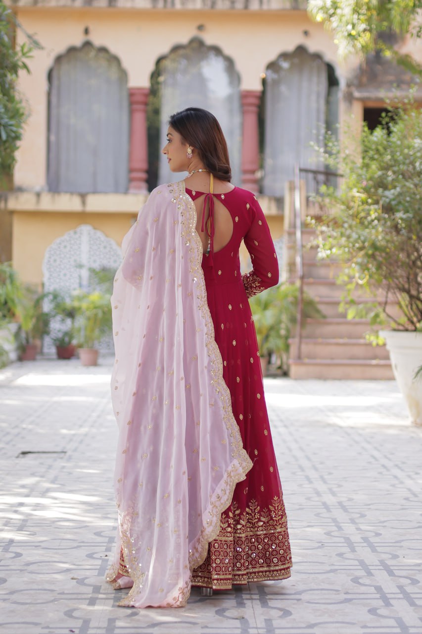 Party Wear Maroon Color aux Blooming With Embroidery Zari Sequins Work Designer Gown