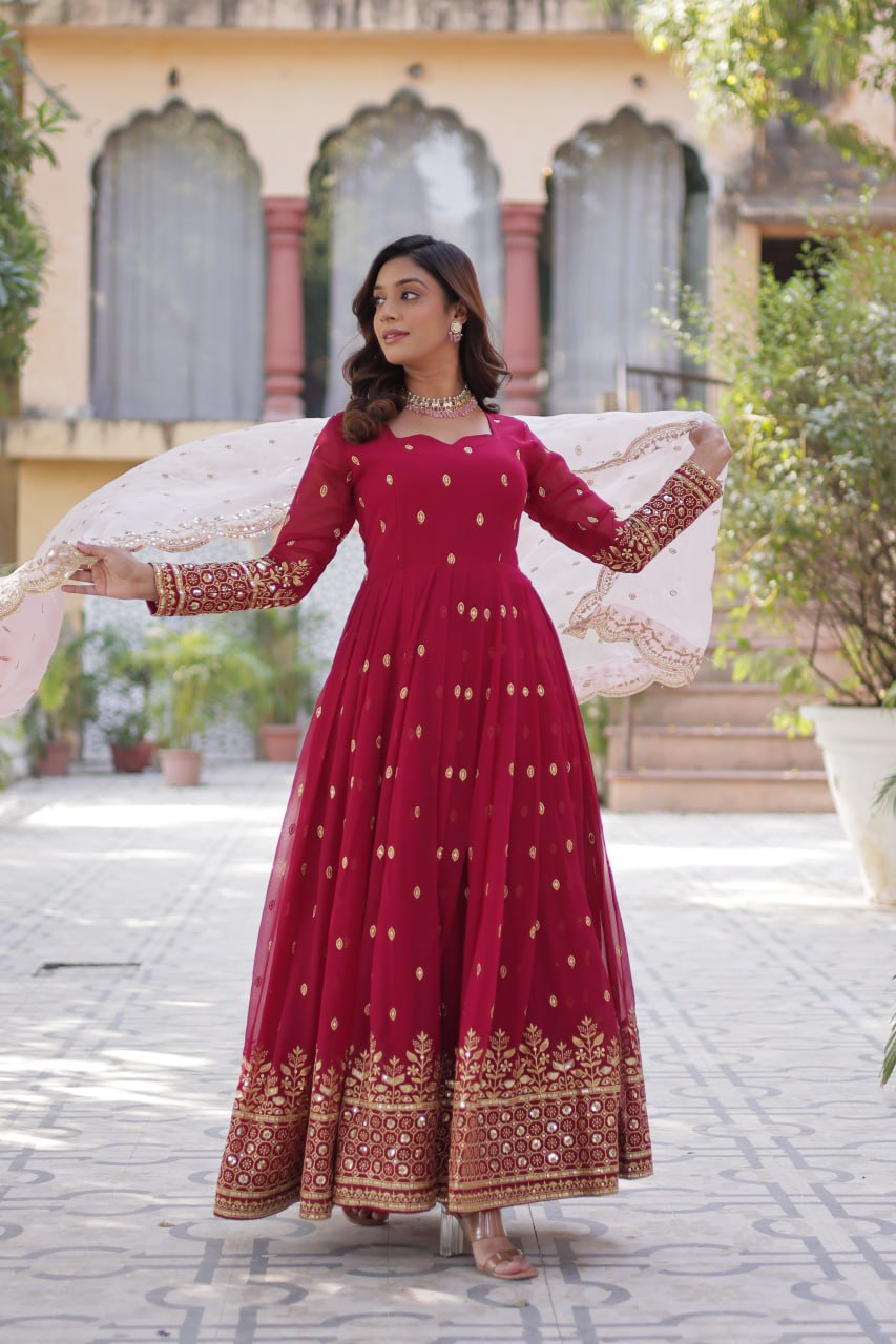 Party Wear Maroon Color aux Blooming With Embroidery Zari Sequins Work Designer Gown