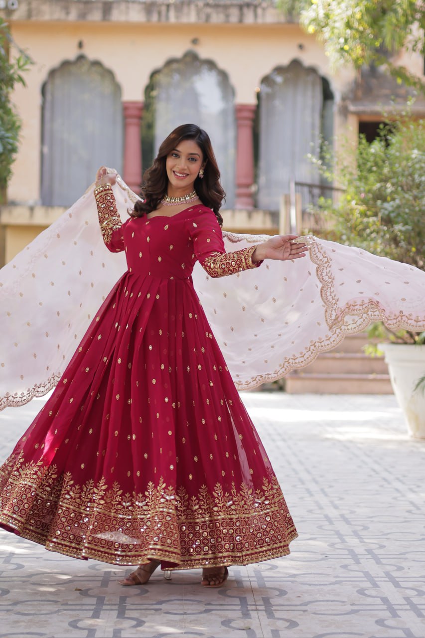 Party Wear Maroon Color aux Blooming With Embroidery Zari Sequins Work Designer Gown