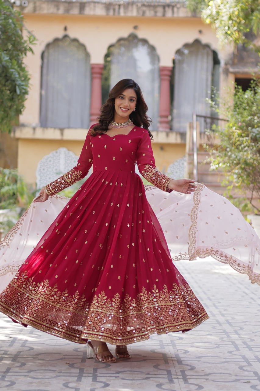 Party Wear Maroon Color aux Blooming With Embroidery Zari Sequins Work Designer Gown