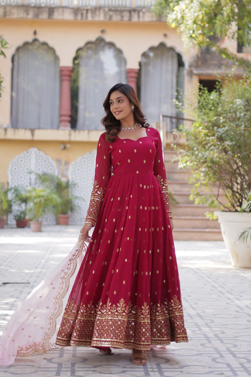 Party Wear Maroon Color aux Blooming With Embroidery Zari Sequins Work Designer Gown