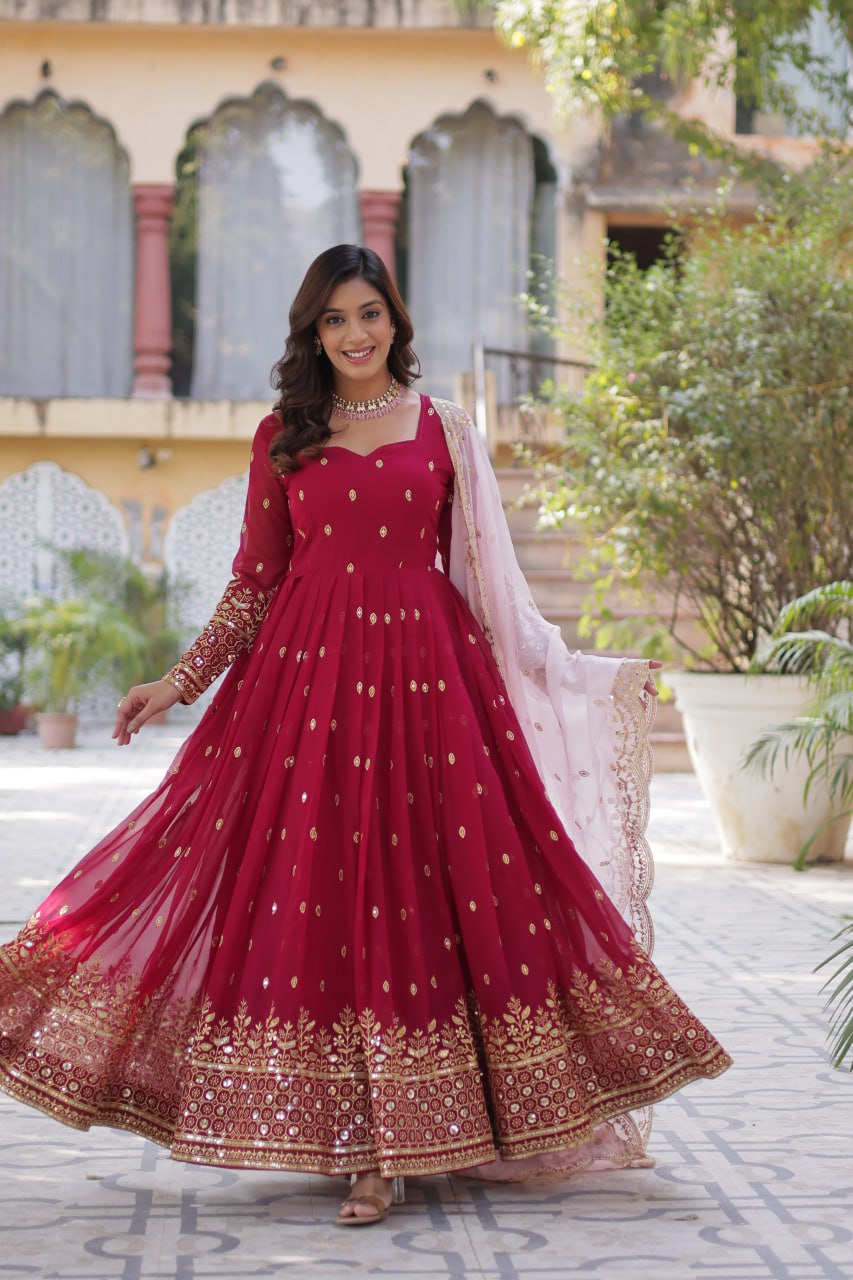 Party Wear Maroon Color aux Blooming With Embroidery Zari Sequins Work Designer Gown