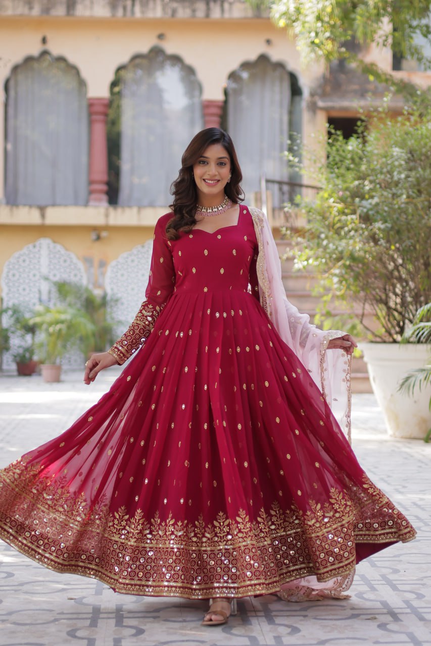 Party Wear Maroon Color aux Blooming With Embroidery Zari Sequins Work Designer Gown