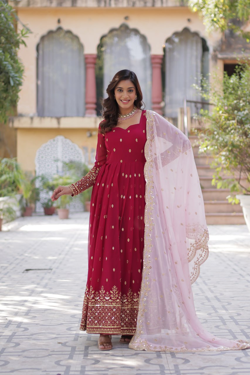 Party Wear Maroon Color aux Blooming With Embroidery Zari Sequins Work Designer Gown