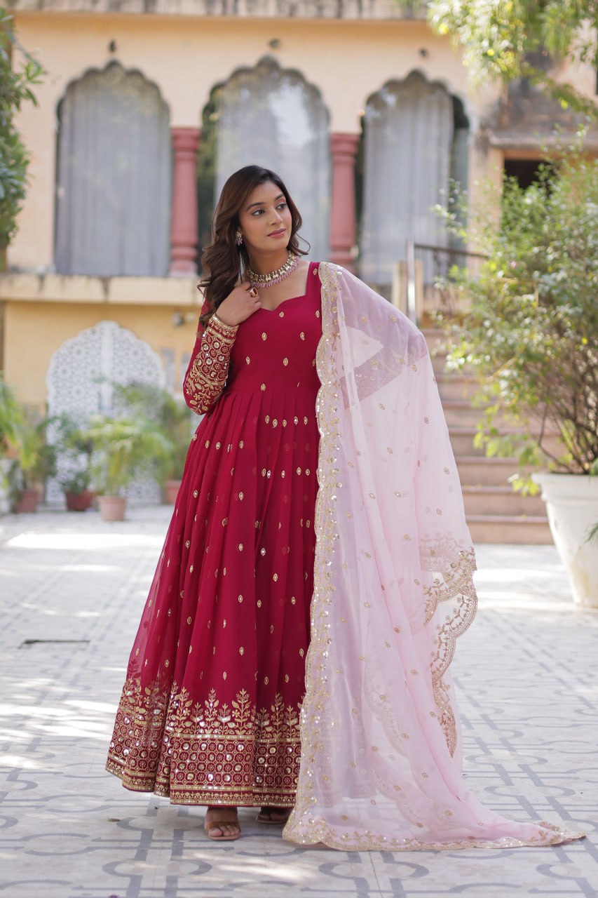 Party Wear Maroon Color aux Blooming With Embroidery Zari Sequins Work Designer Gown