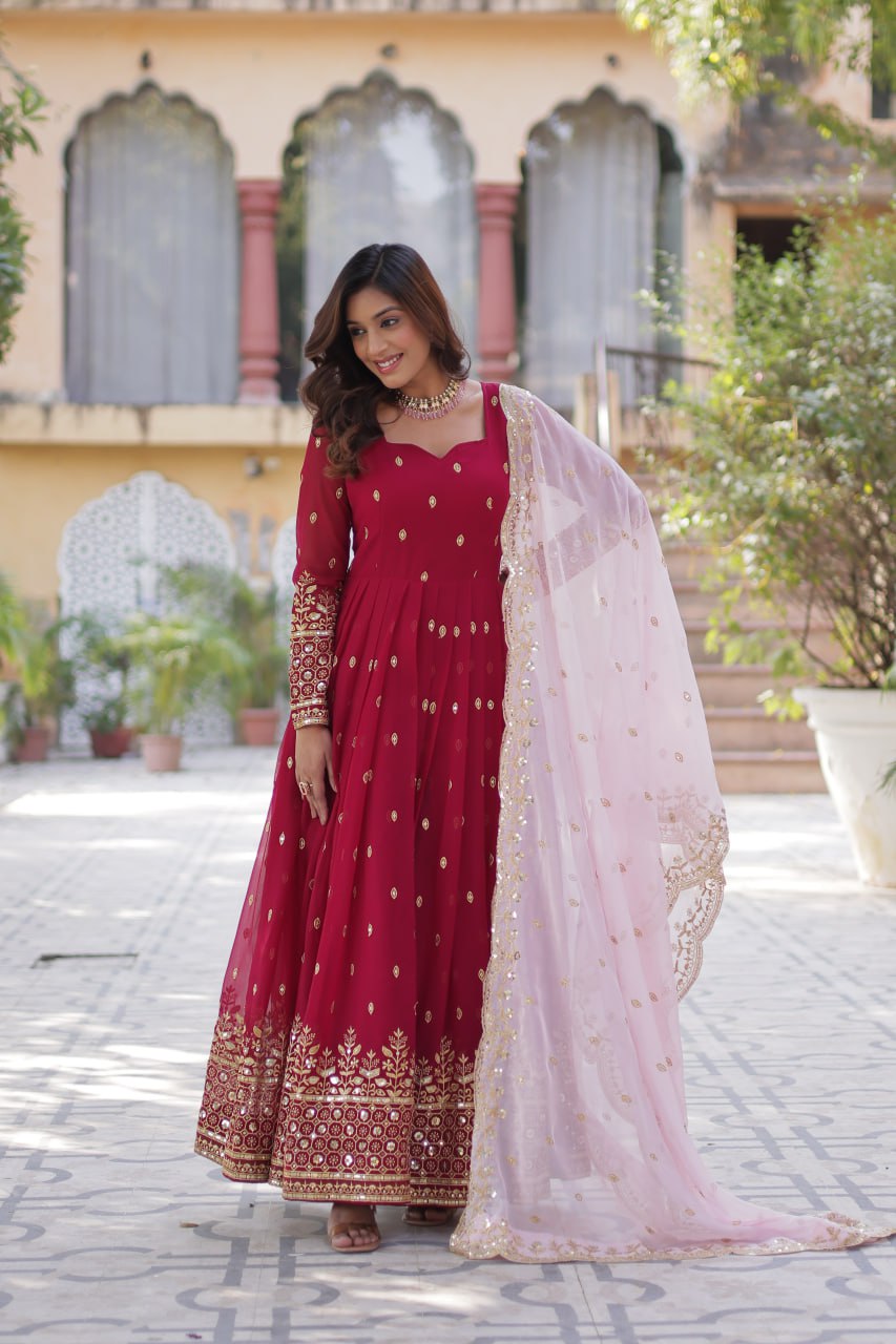 Party Wear Maroon Color aux Blooming With Embroidery Zari Sequins Work Designer Gown