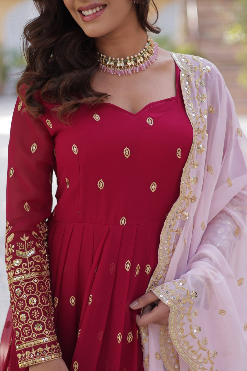 Party Wear Maroon Color aux Blooming With Embroidery Zari Sequins Work Designer Gown
