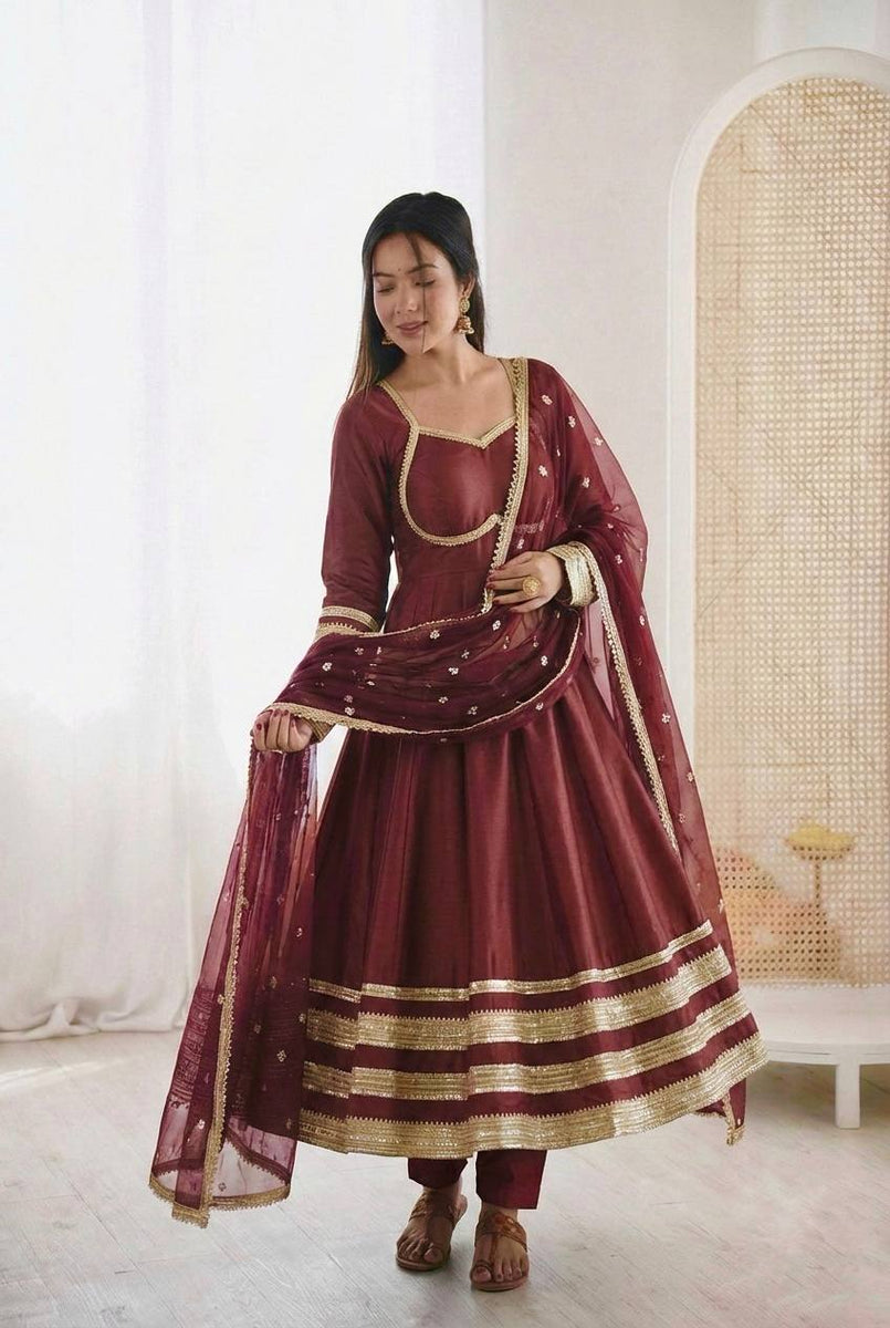 Arti Chauhan Wear Maroon Color Sequence Cosmos Gold Anarkali Suit With ...