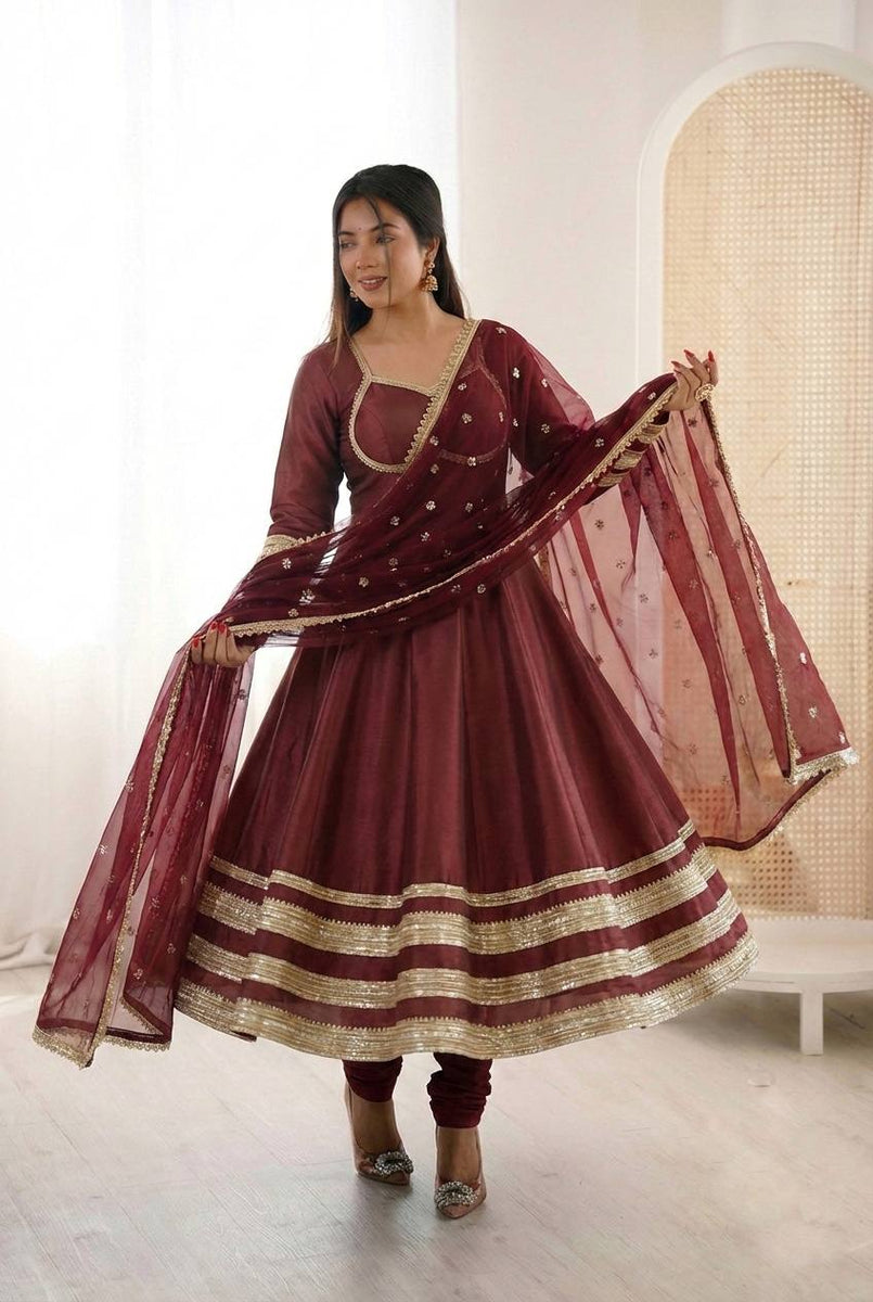 Arti Chauhan Wear Maroon Color Sequence Cosmos Gold Anarkali Suit With ...