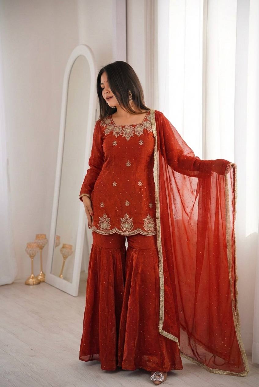 Arti Chauhan Wear Orange Color Designer Zarkan Diamond Work Sharara Se ...