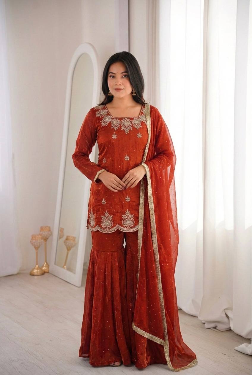 Arti Chauhan Wear Orange Color Designer Zarkan Diamond Work Sharara Se ...