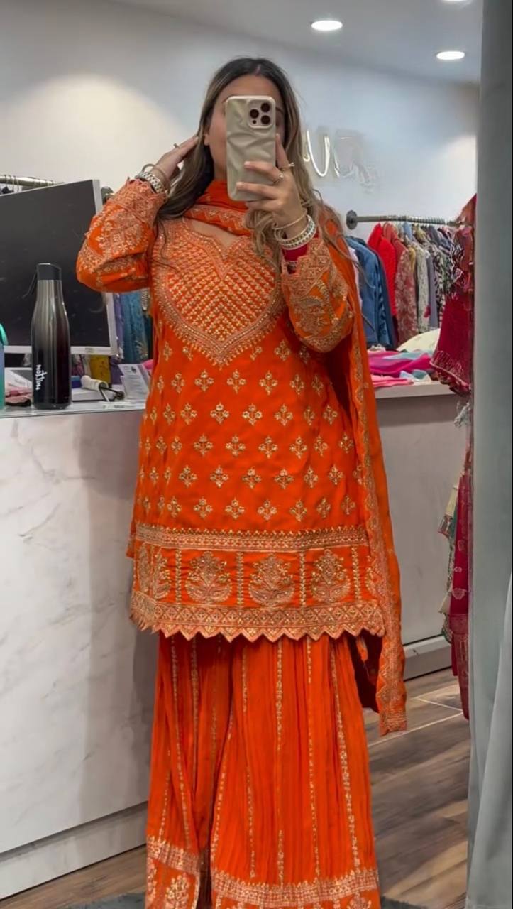 Wedding Wear Orange Color Embroidered Designer Sharara Suit