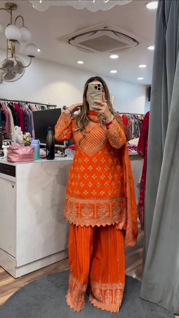 Wedding Wear Orange Color Embroidered Designer Sharara Suit