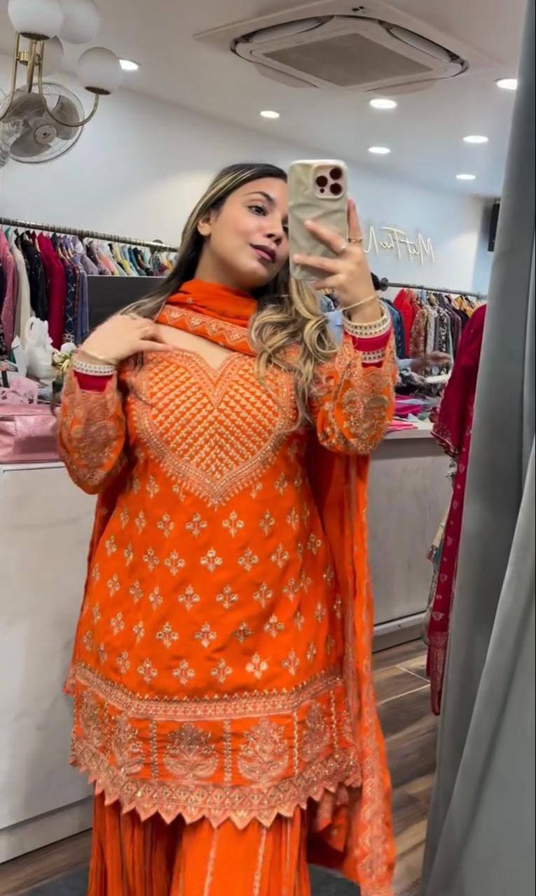 Wedding Wear Orange Color Embroidered Designer Sharara Suit