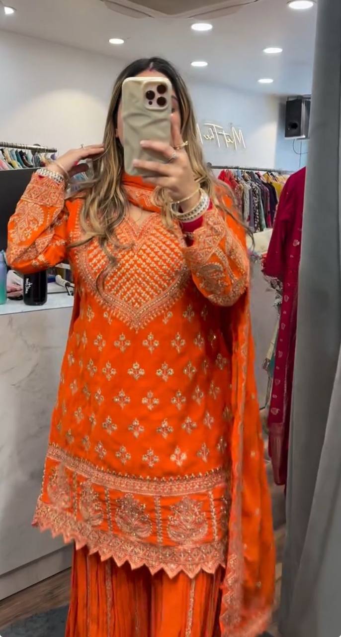 Wedding Wear Orange Color Embroidered Designer Sharara Suit