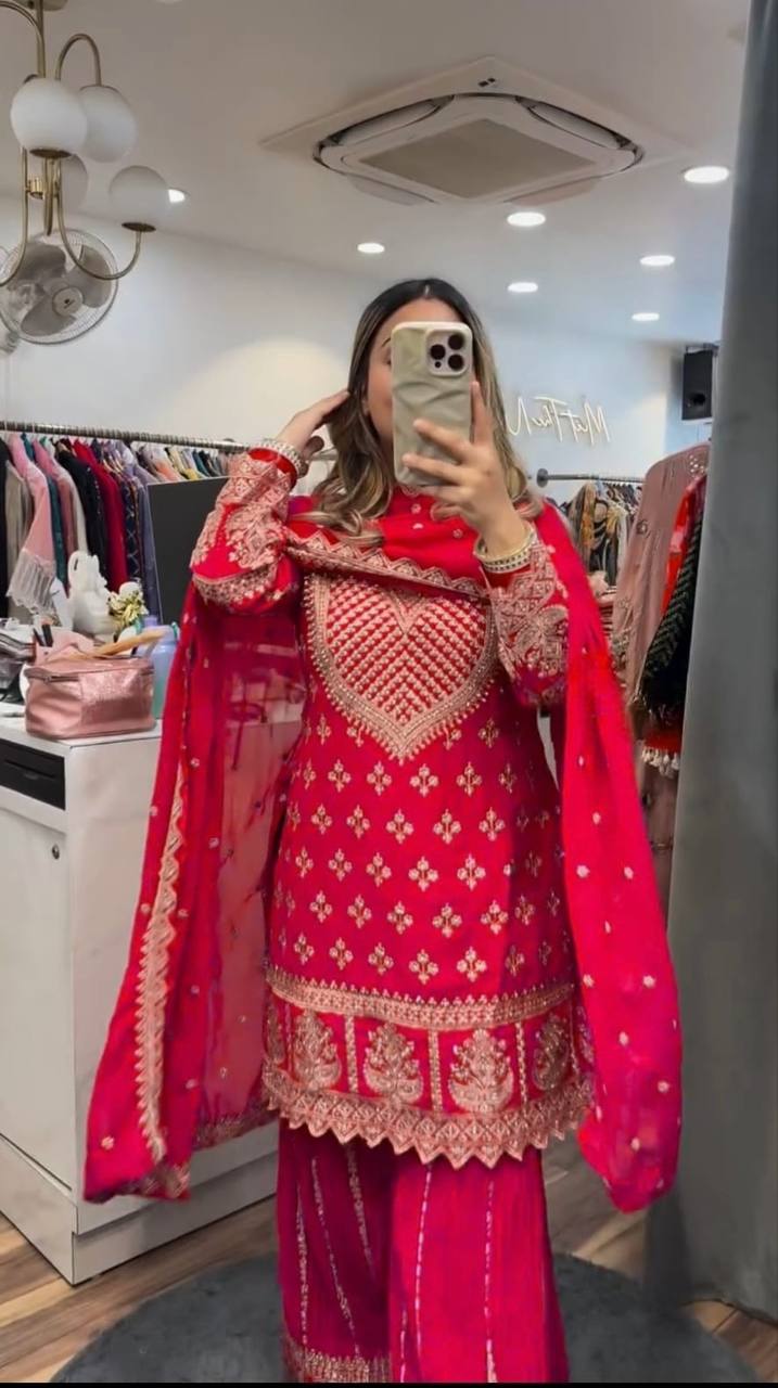 Wedding Wear Red Color Embroidered Designer Sharara Suit