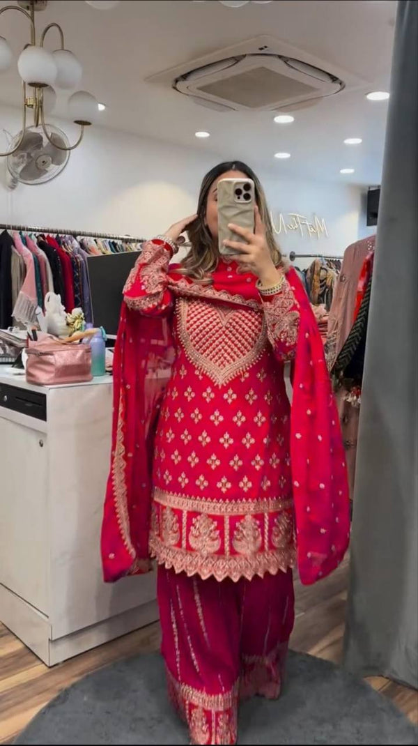 Wedding Wear Red Color Embroidered Designer Sharara Suit