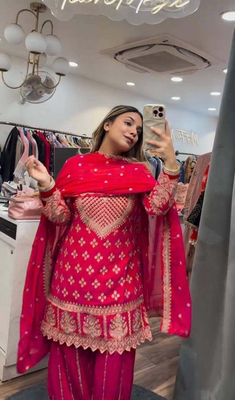 Wedding Wear Red Color Embroidered Designer Sharara Suit