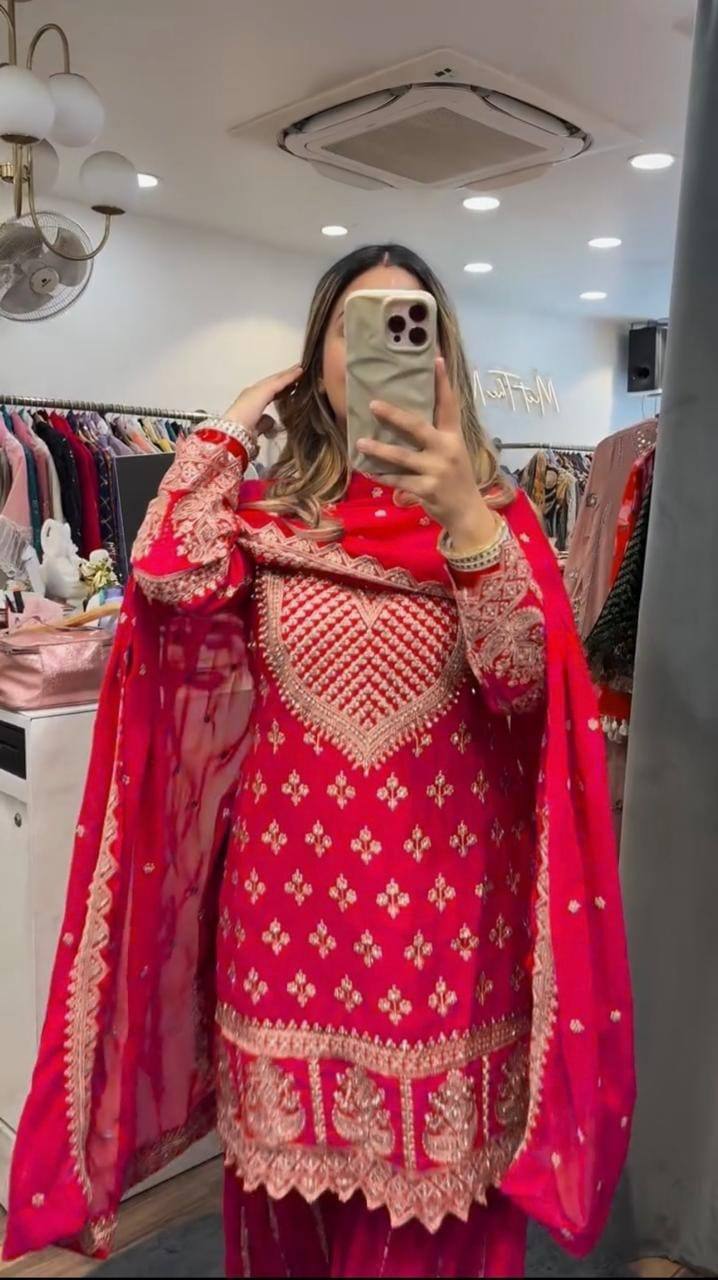 Wedding Wear Red Color Embroidered Designer Sharara Suit