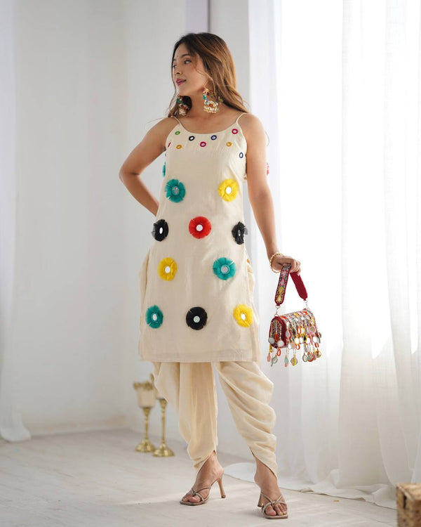 Festive Wear Off White Khadi Cotton With Mirror Khatli Work Kurta Set