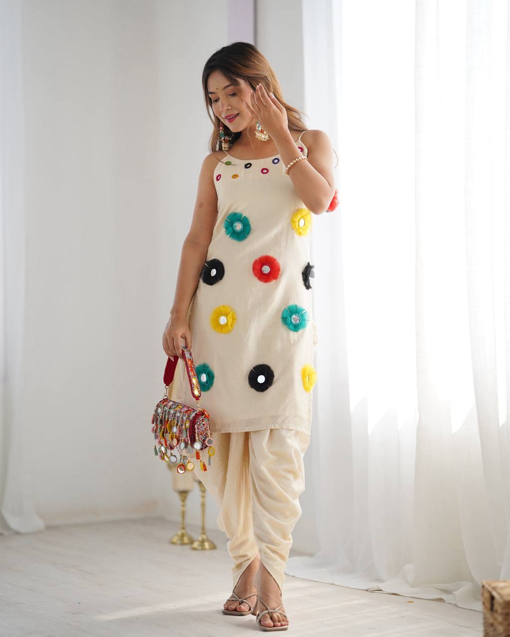 Festive Wear Off White Khadi Cotton With Mirror Khatli Work Kurta Set