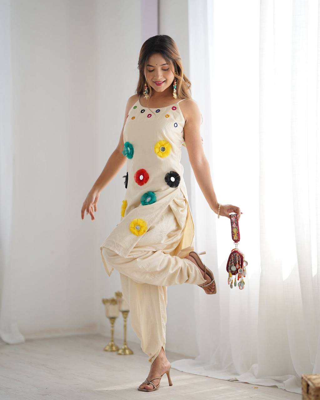 Festive Wear Off White Khadi Cotton With Mirror Khatli Work Kurta Set