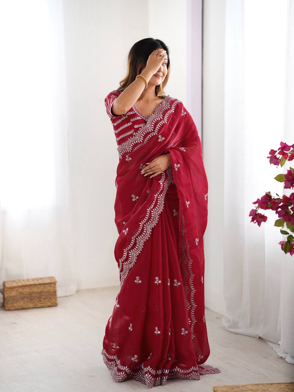 Exclusive Maroon Color Jimmy Chu And Thread With Sequence Work Saree