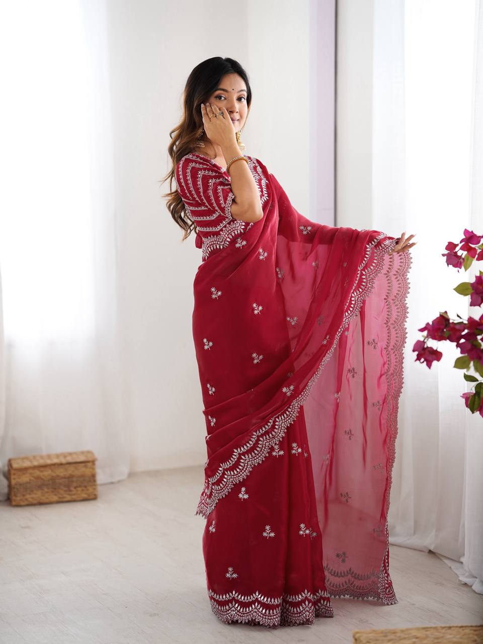 Exclusive Maroon Color Jimmy Chu And Thread With Sequence Work Saree