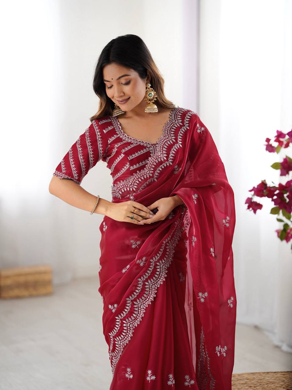 Exclusive Maroon Color Jimmy Chu And Thread With Sequence Work Saree