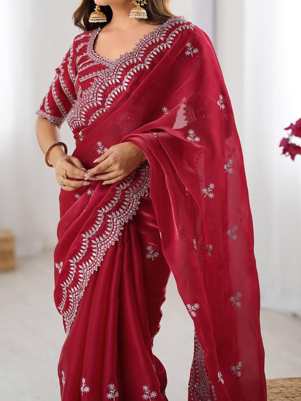 Exclusive Maroon Color Jimmy Chu And Thread With Sequence Work Saree