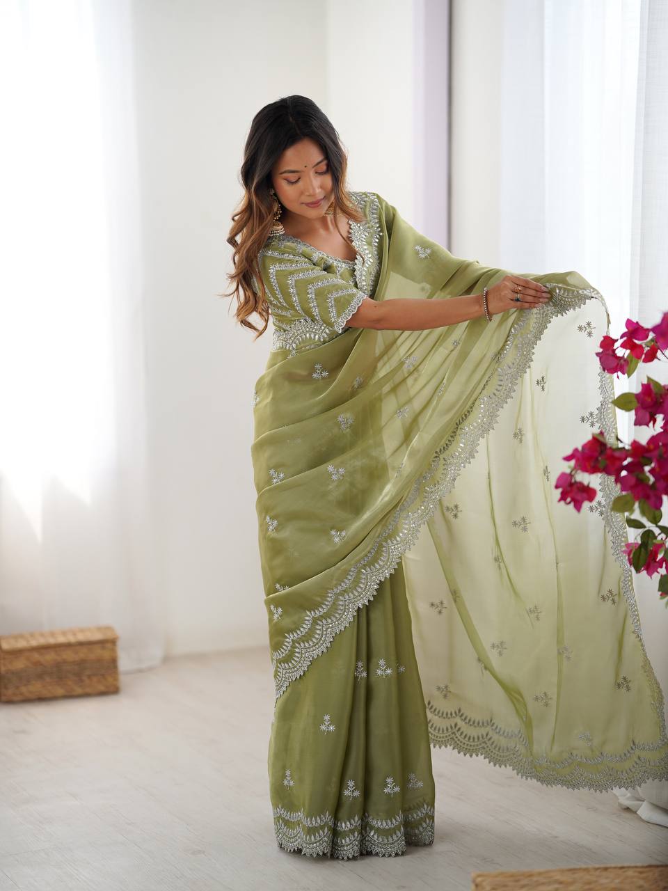 Exclusive Light Green Color Jimmy Chu And Thread With Sequence Work Saree