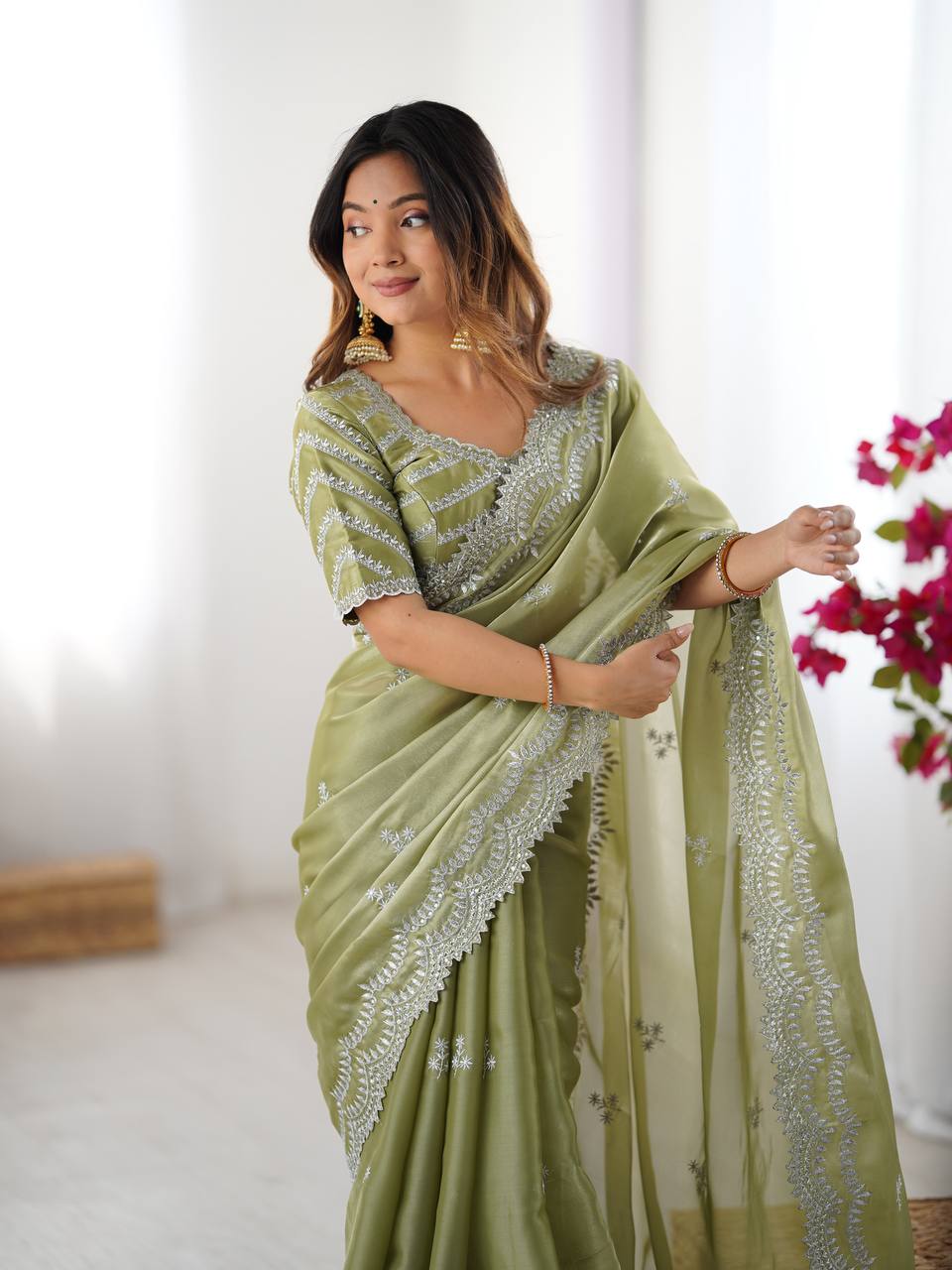 Exclusive Light Green Color Jimmy Chu And Thread With Sequence Work Saree