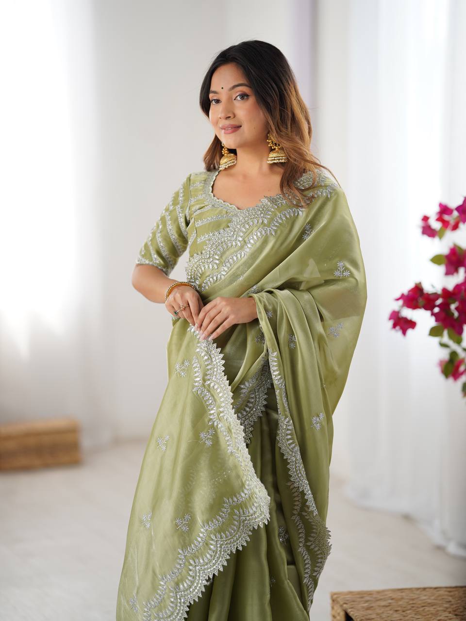 Exclusive Light Green Color Jimmy Chu And Thread With Sequence Work Saree