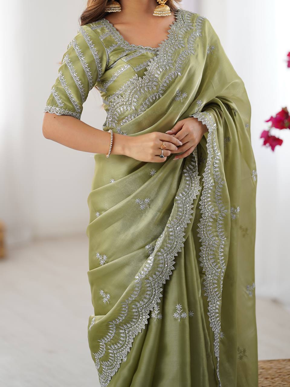 Exclusive Light Green Color Jimmy Chu And Thread With Sequence Work Saree