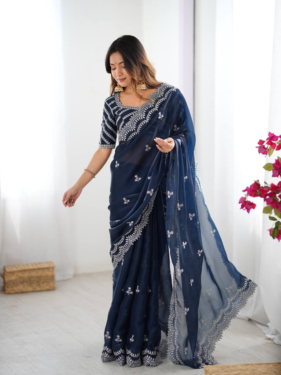 Exclusive Navy Color Jimmy Chu And Thread With Sequence Work Saree