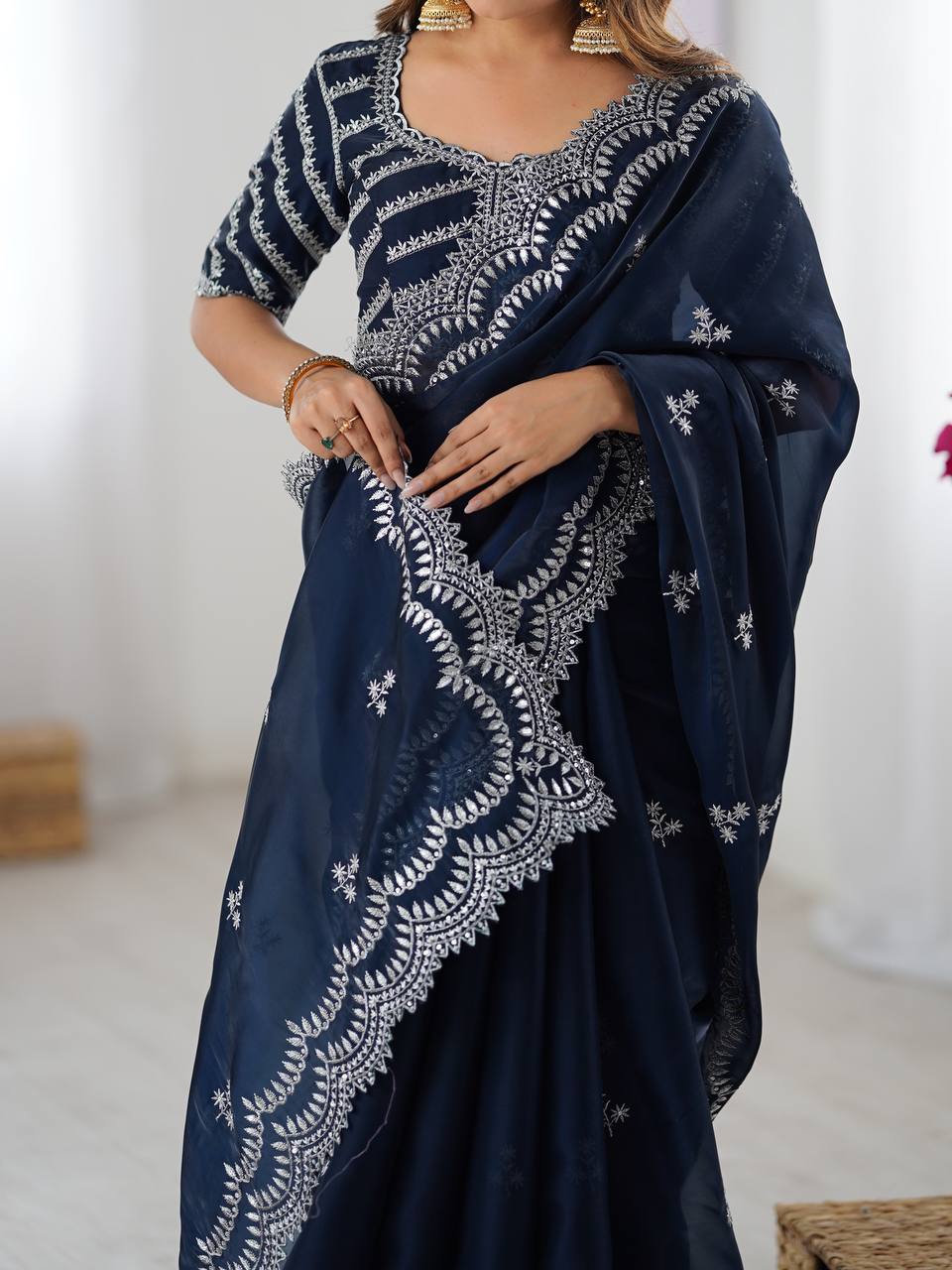 Exclusive Navy Color Jimmy Chu And Thread With Sequence Work Saree