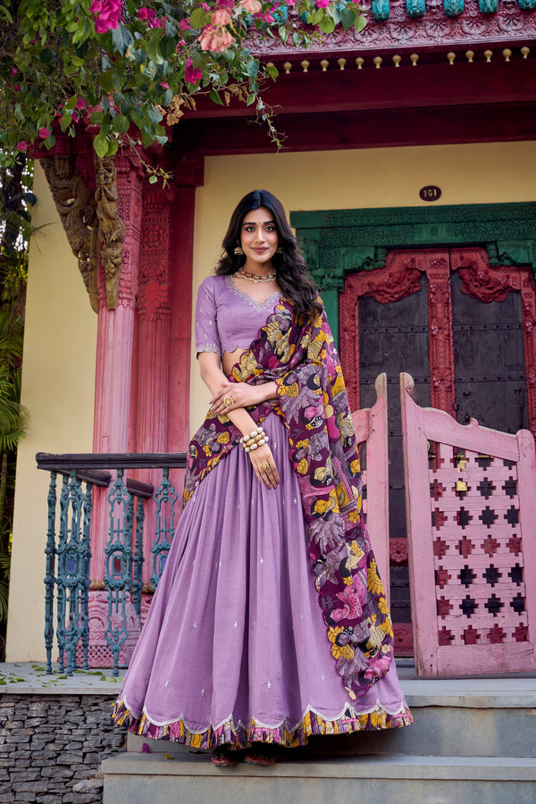 Exclusive Lavender Color Vichitra Silk Sequins And Thread Embroidery Work Lehenga Choli