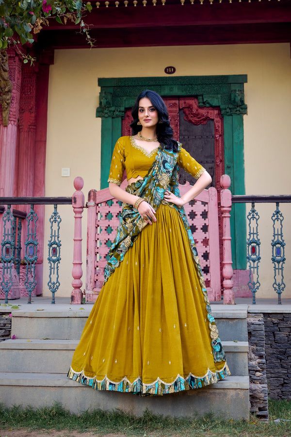 Marvelous Mustard Color Vichitra Silk Sequins And Thread Embroidery Work Lehenga Choli