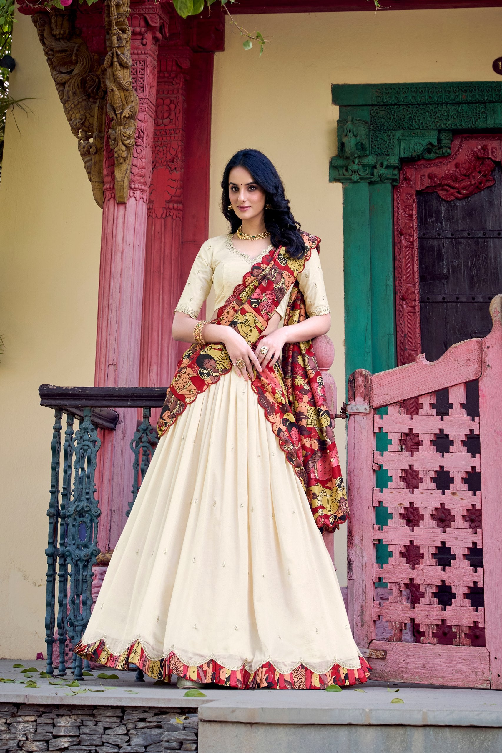 Exclusive Off White Color Vichitra Silk Sequins And Thread Embroidery Work Lehenga Choli