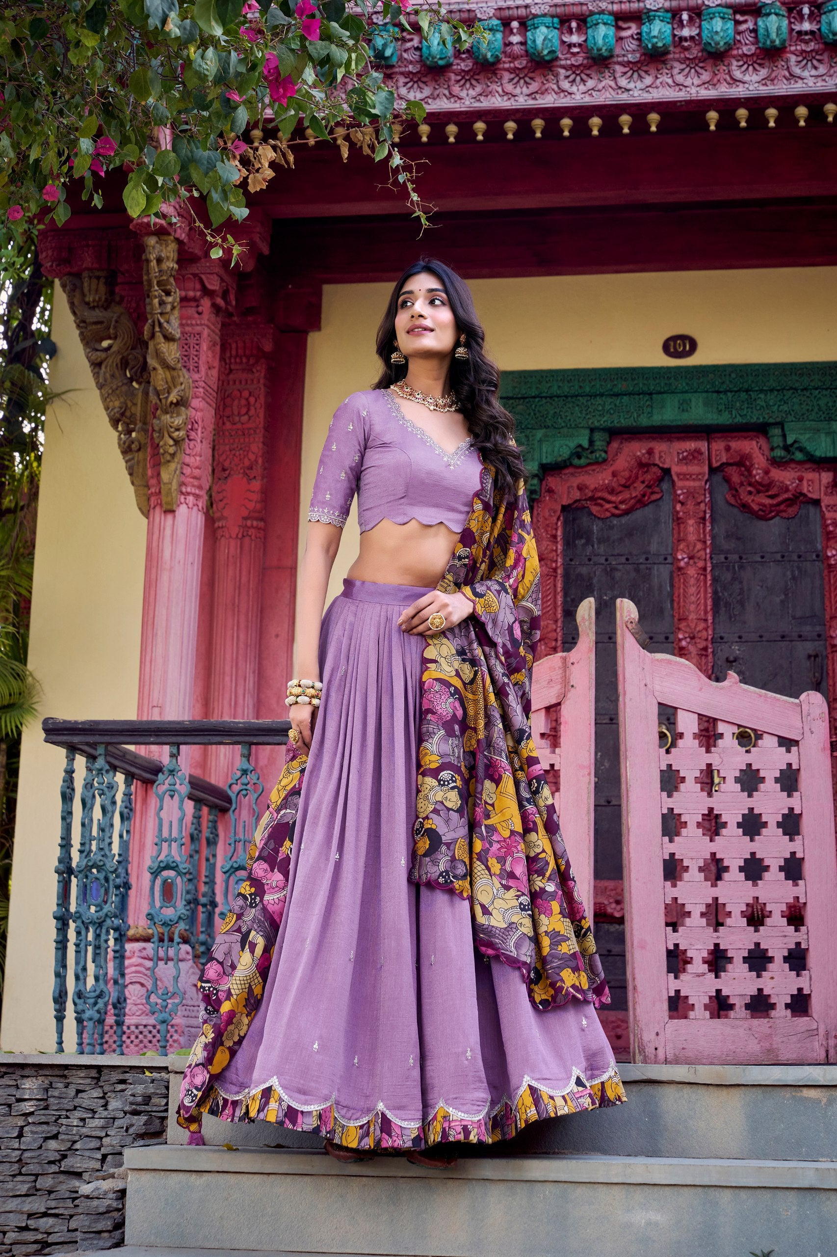 Exclusive Lavender Color Vichitra Silk Sequins And Thread Embroidery Work Lehenga Choli