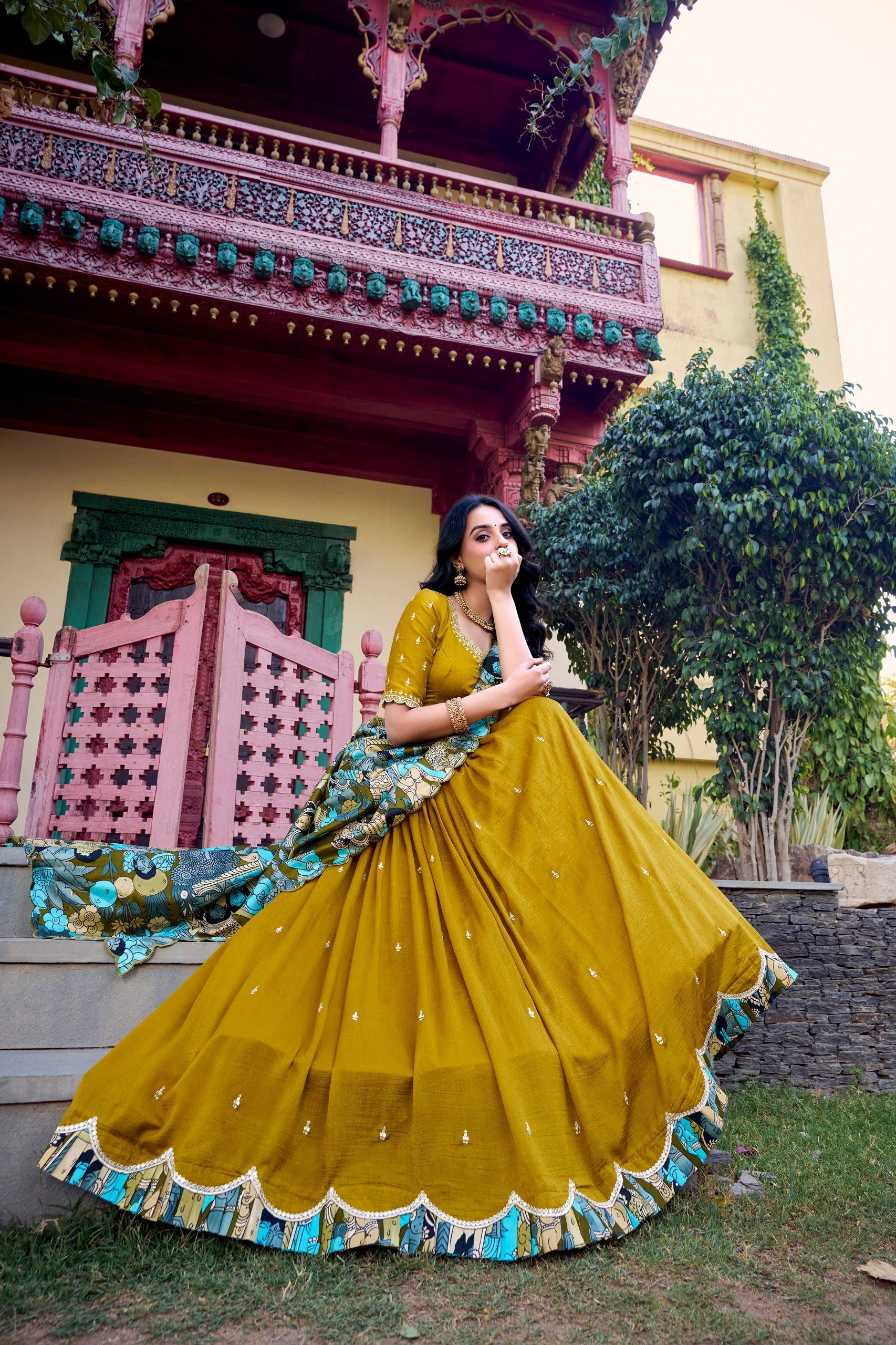 Marvelous Mustard Color Vichitra Silk Sequins And Thread Embroidery Work Lehenga Choli