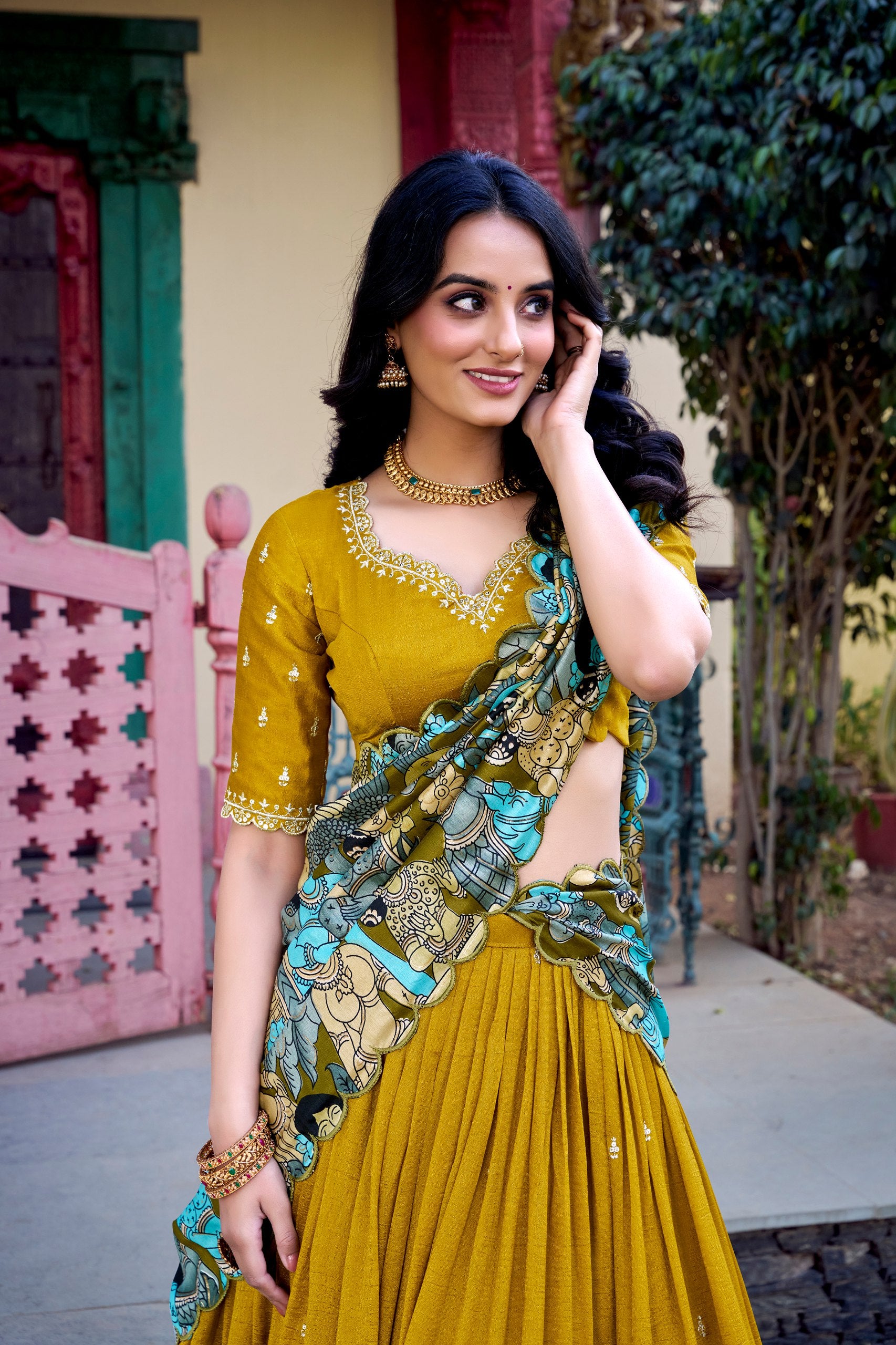Marvelous Mustard Color Vichitra Silk Sequins And Thread Embroidery Work Lehenga Choli